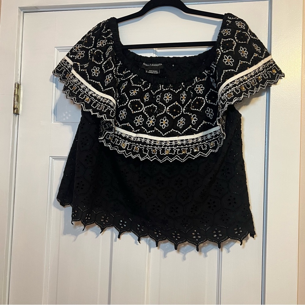 #67 ANTHROPOLOGIE HEMANT & NANDITA MAVRA EMBROIDERED EYELET OFF SHOULDER TOP
